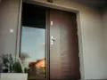 Nowoczesne drzwi wejściowe z przeszkleniem i ozdobnymi płytkami. W donicy obok roślina.