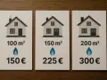 Trzy domki ilustrujące centralne ogrzewanie koszt: 100m² za 150€, 150m² za 225€, 200m² za 300€.