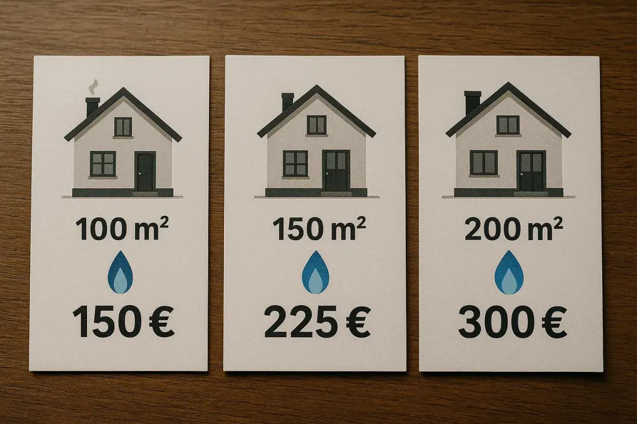 Trzy domki ilustrujące centralne ogrzewanie koszt: 100m² za 150€, 150m² za 225€, 200m² za 300€.