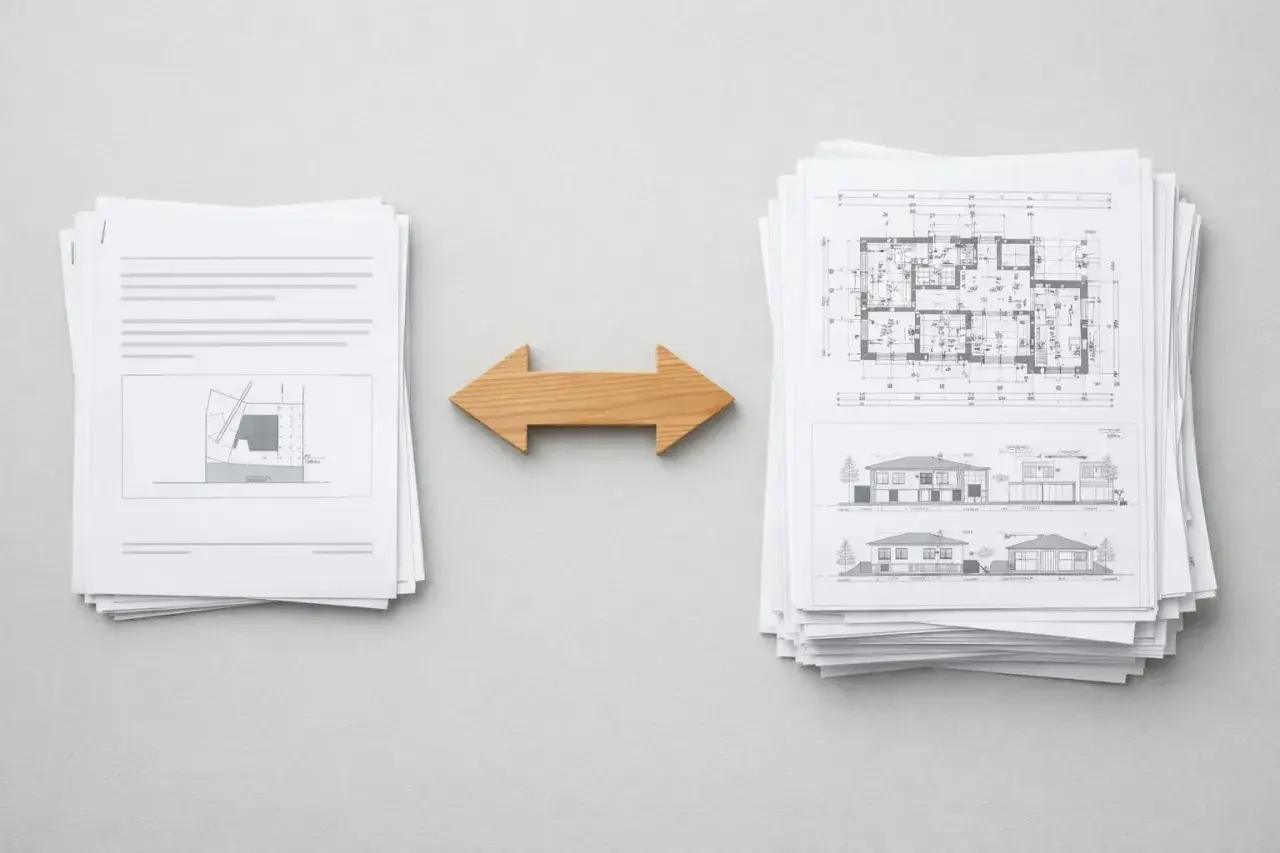 Stos dokumentów z planami architektonicznymi i rysunkami domów, symbolizujący proces uzyskiwania pozwolenia na budowę.