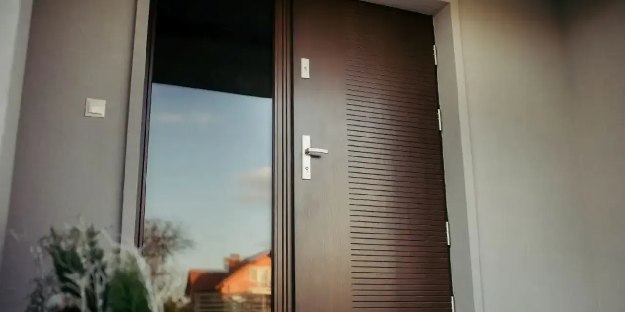 Nowoczesne drzwi wejściowe z przeszkleniem i ozdobnymi płytkami. W donicy obok roślina.