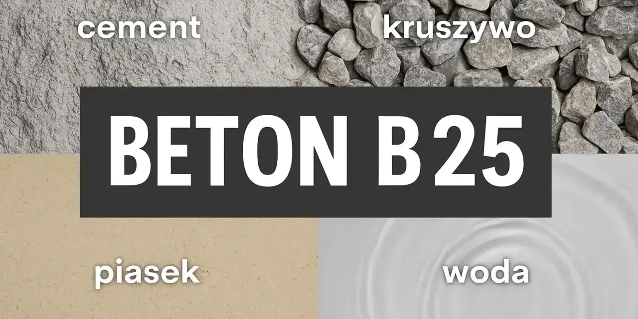 Składniki betonu B25: cement, kruszywo, piasek i woda. Różne rodzaje cementu wpływają na właściwości betonu.