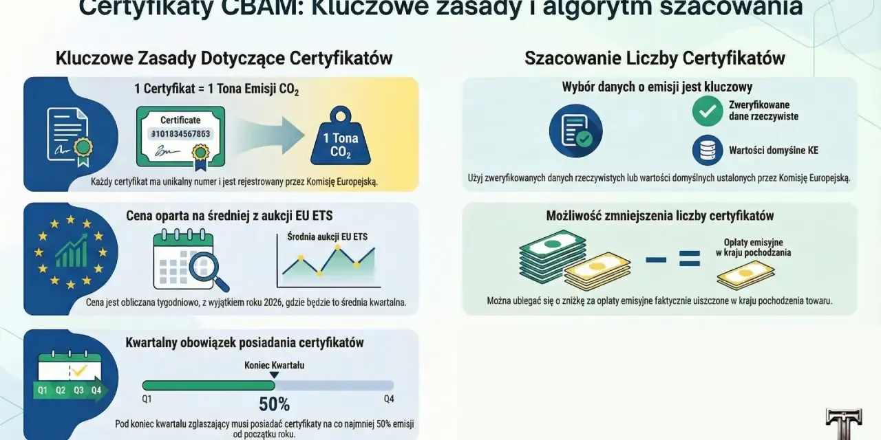 CBAM: 1 certyfikat to 1 tona CO2. Cena oparta na aukcjach EU ETS. Obowiązek posiadania certyfikatów kwartalnie. Możliwość zniżki za opłaty emisyjne.