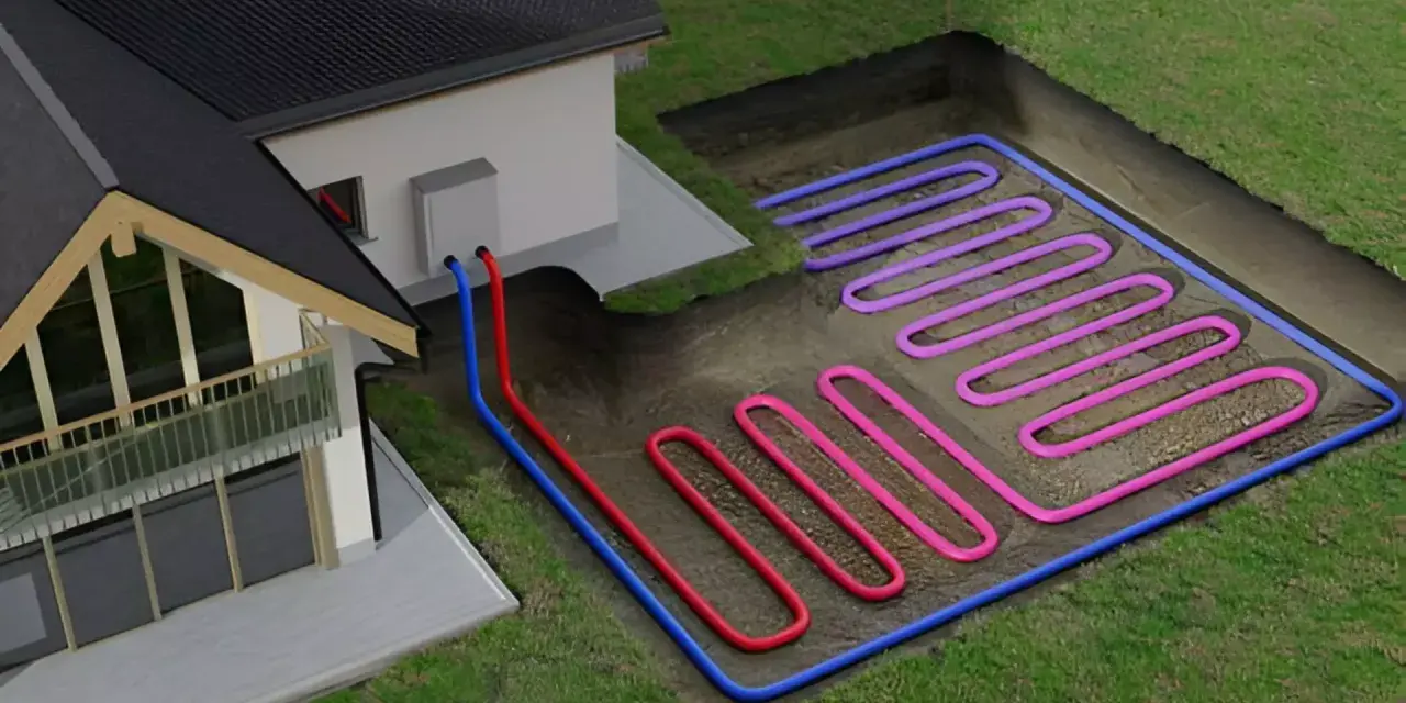 System ogrzewania domu wykorzystujący energię geotermalną. Rury zakopane w ziemi tworzą pętle, przez które krąży płyn.