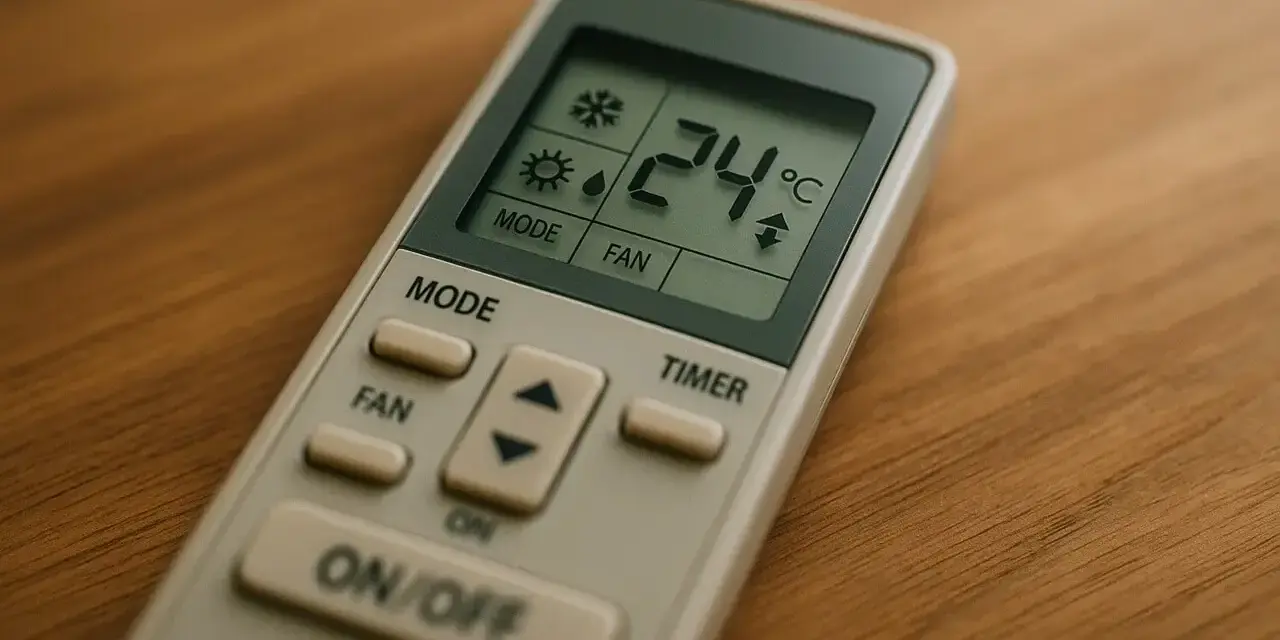 Pilot klimatyzacji z widoczną funkcją fan. Ustawiona temperatura 24°C.