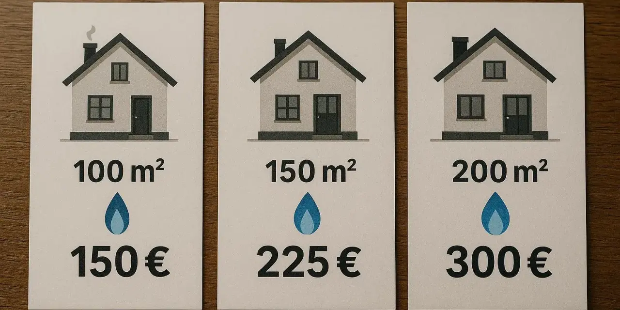Trzy domki ilustrujące centralne ogrzewanie koszt: 100m² za 150€, 150m² za 225€, 200m² za 300€.