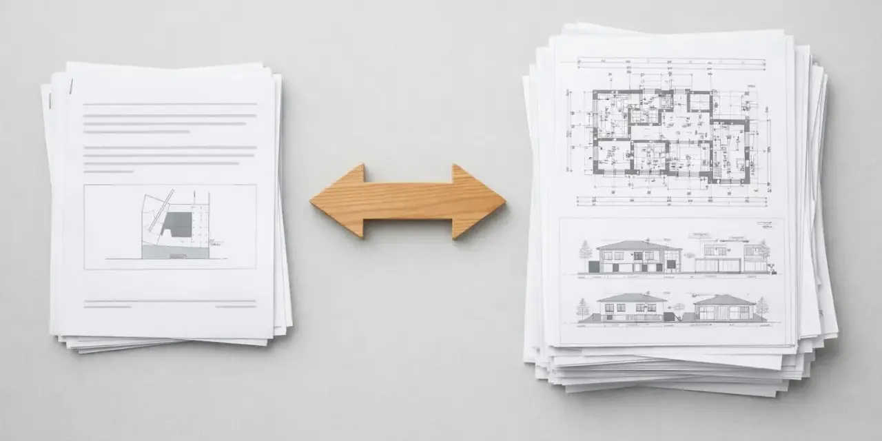 Stos dokumentów z planami architektonicznymi i rysunkami domów, symbolizujący proces uzyskiwania pozwolenia na budowę.