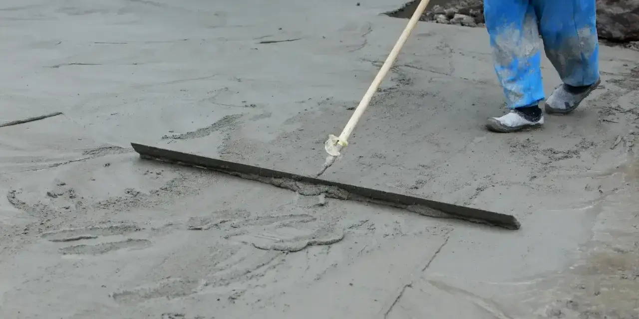Pracownik w niebieskich spodniach wykonuje protokół wygrzewania posadzki, wygładzając świeży beton długą łopatą.