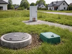 Przygotowywane działki budowlane z widocznymi przyłączami mediów: właz do szamba, zielona skrzynka i biała szafka elektryczna.