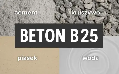 Składniki betonu B25: cement, kruszywo, piasek i woda. Różne rodzaje cementu wpływają na właściwości betonu.