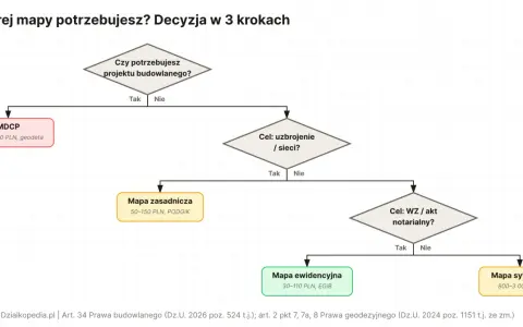 Schemat decyzyjny wyboru mapy do celów projektowych: MDCP, mapa zasadnicza, mapa ewidencyjna, mapa sytuacyjno-wysokościowa.
