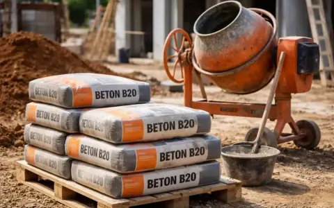 Stos worków z betonem B20 na palecie, obok betoniarki i wiadra z zaprawą.