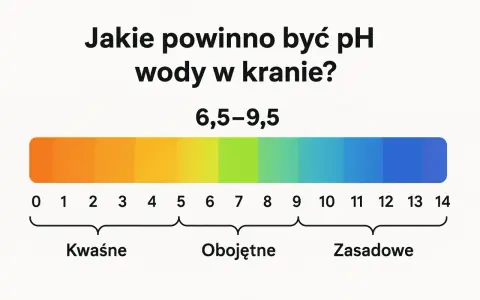 Skala pH wody w kranie: 6,5-9,5. Wykres pokazuje zakresy kwaśne, obojętne i zasadowe.