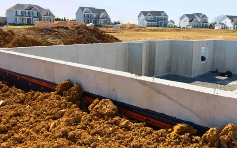 Betonowe ławy fundamentowe w wykopie, otoczone ziemią. W tle nowe domy w budowie.