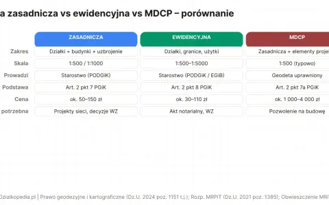 Porównanie map: zasadnicza, ewidencyjna i MDCP. Tabela przedstawia zakres, skalę, prowadzącego, podstawę prawną, cenę i zastosowanie każdej mapy.