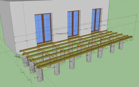 Projekt tarasu z widocznymi legarami i słupkami fundamentowymi. Wymiary konstrukcji podane w metrach.