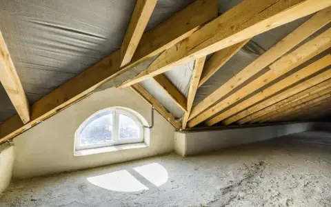 Poddasze w trakcie budowy, widoczne drewniane krokwie o kącie nachylenia dachu 30 stopni, okno łukowe i betonowa podłoga.