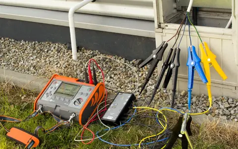 Pomiar rezystancji izolacji instalacji elektrycznej za pomocą miernika. Podłączone przewody z krokodylkami do badanych punktów.