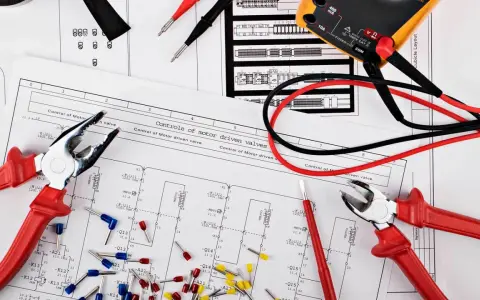 Narzędzia i schemat instalacji elektrycznej: kombinerki, obcinaczki, multimetr i złączki kablowe.