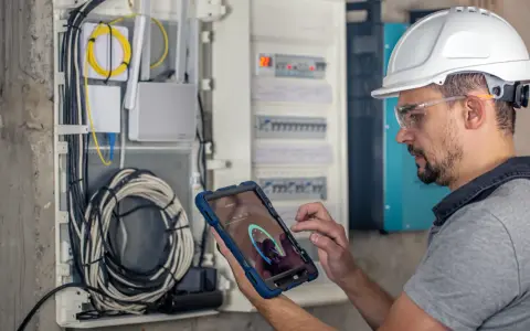 Technik w kasku i okularach ochronnych wykonuje przegląd instalacji elektrycznej, korzystając z tabletu.