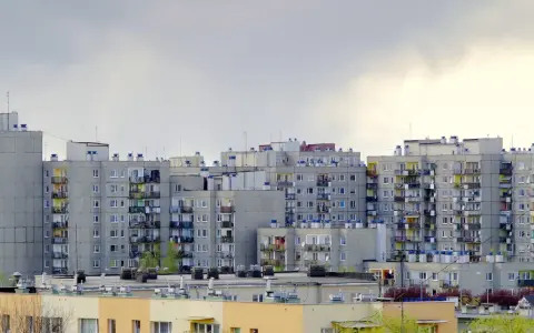 Wielka płyta w szarym, pochmurnym dniu. Długie bloki mieszkalne z balkonami pełnymi roślinności i anten.