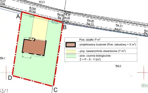 Plan działki z zaznaczonym projektowanym budynkiem, nawierzchniami i obszarem biologicznie czynnym. Wniosek o warunki zabudowy.