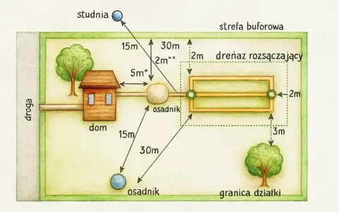 Schemat przydomowej oczyszczalni ścieków: dom, osadnik, drenaż rozsączający, studnia. Wymiary wskazują na wpływ na koszt budowy oczyszczalni ścieków.