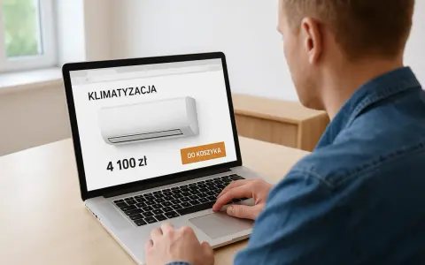Sprawdzam, ile kosztuje montaż klimatyzacji. Na ekranie laptopa widzę cenę 4100 zł i przycisk "Do koszyka".