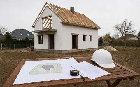 Na stole leżą plany i biały kask. W tle buduje się dom bez pozwolenia, widać jego szkielet i białe ściany.