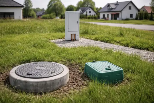 Przygotowywane działki budowlane z widocznymi przyłączami mediów: właz do szamba, zielona skrzynka i biała szafka elektryczna.