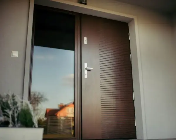 Nowoczesne drzwi wejściowe z przeszkleniem i ozdobnymi płytkami. W donicy obok roślina.