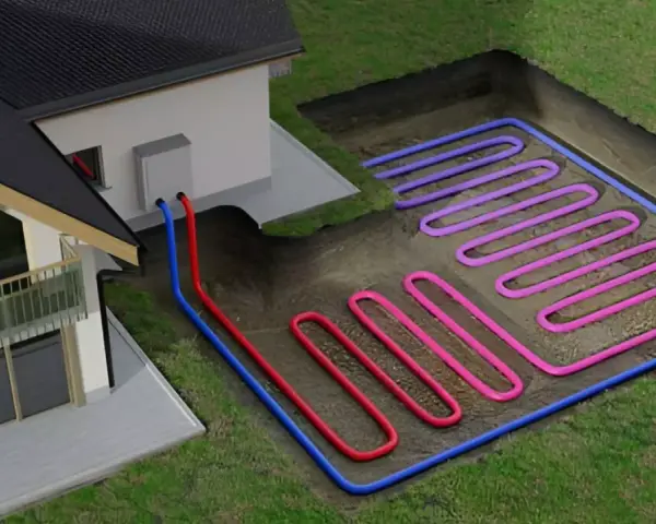 System ogrzewania domu wykorzystujący energię geotermalną. Rury zakopane w ziemi tworzą pętle, przez które krąży płyn.