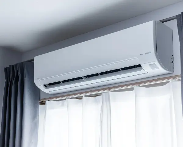 Biały klimatyzator nad oknem, z zasłonami po bokach, zapewnia komfortową temperaturę w pomieszczeniu.