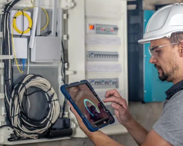 Technik w kasku i okularach ochronnych wykonuje przegląd instalacji elektrycznej, korzystając z tabletu.