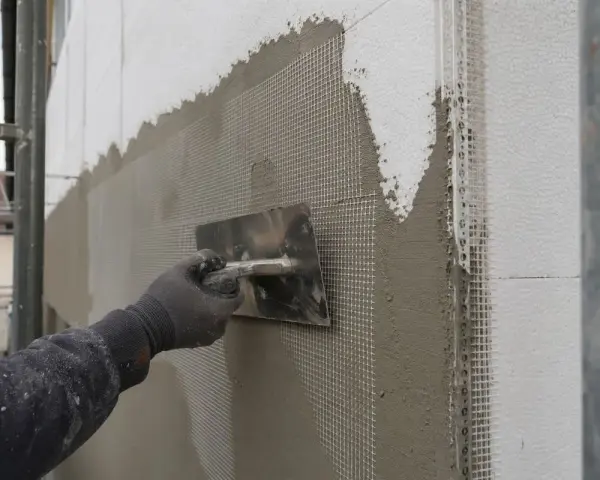 Pracownik nakłada tynk na styropian, tworząc warstwę zbrojoną siatką. Dopuszczalne nierówności na elewacji są korygowane.