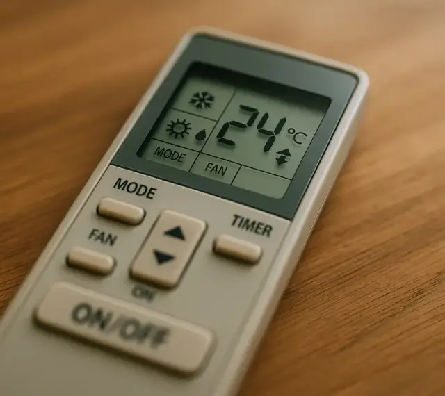 Pilot klimatyzacji z widoczną funkcją fan. Ustawiona temperatura 24°C.