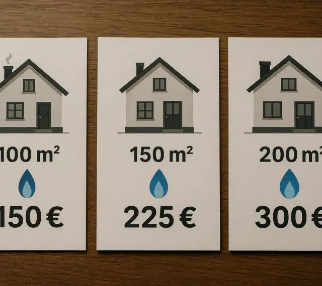 Trzy domki ilustrujące centralne ogrzewanie koszt: 100m² za 150€, 150m² za 225€, 200m² za 300€.