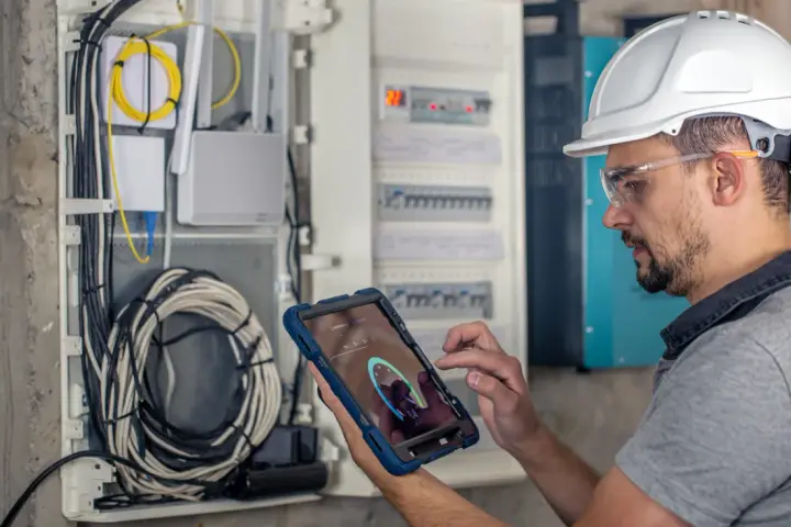 Technik w kasku i okularach ochronnych wykonuje przegląd instalacji elektrycznej, korzystając z tabletu.