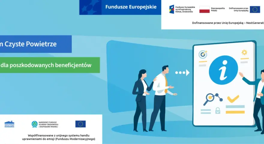 Ilustracja przedstawia ludzi i ikonę informacji na ekranie, symbolizującą poradnik.