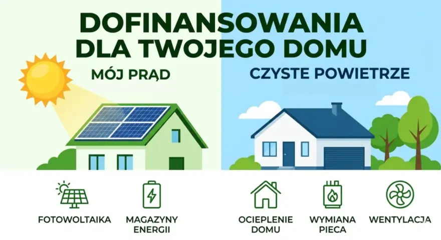 Dofinansowanie dla domu: "Mój prąd" z fotowoltaiką i magazynami energii, "Czyste powietrze" z ociepleniem, wymianą pieca i wentylacją.