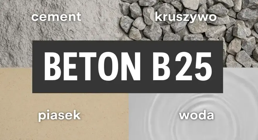 Składniki betonu B25: cement, kruszywo, piasek i woda. Różne rodzaje cementu wpływają na właściwości betonu.