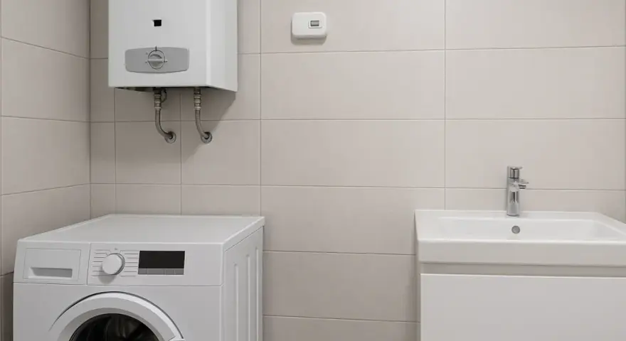 Czujnik czadu zamontowany na ścianie nad pralką i bojlerem, w łazience lub pralni.