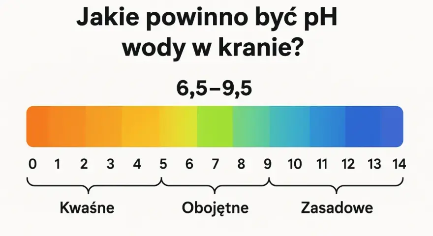Skala pH wody w kranie: 6,5-9,5. Wykres pokazuje zakresy kwaśne, obojętne i zasadowe.