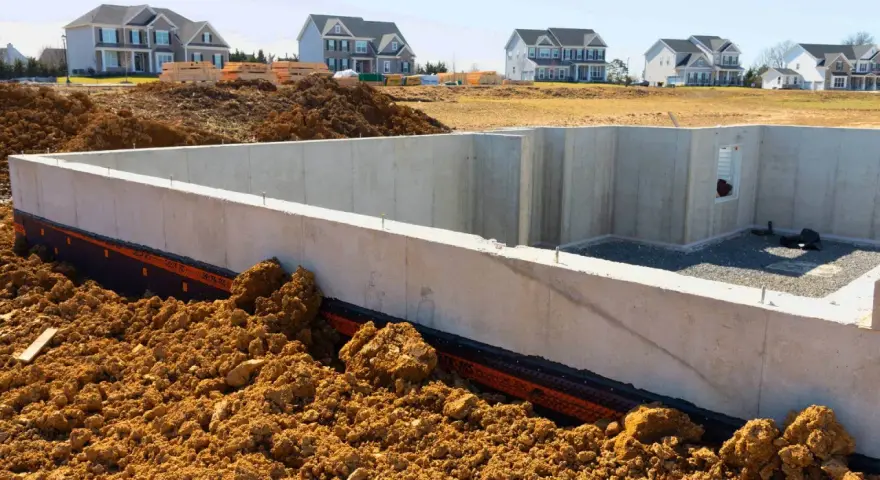 Betonowe ławy fundamentowe w wykopie, otoczone ziemią. W tle nowe domy w budowie.