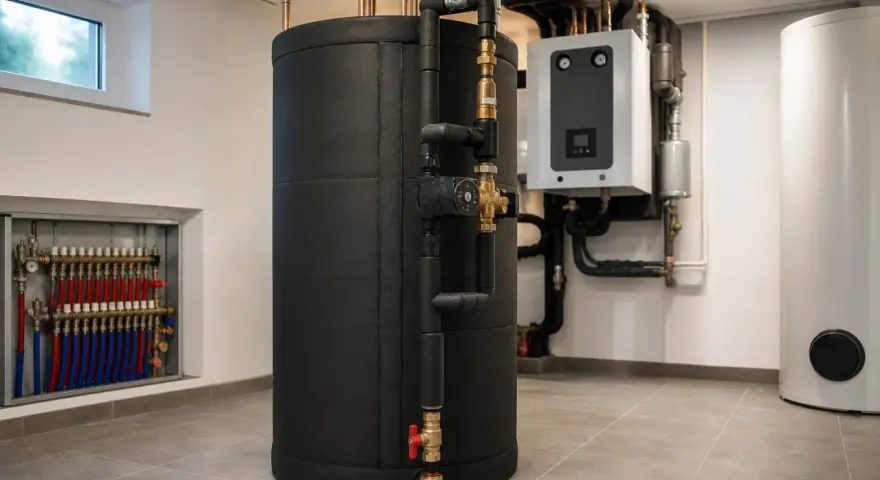 Duży, czarny bufor ciepła w kotłowni, obok białego zasobnika i kotła. Widać instalację hydrauliczną.
