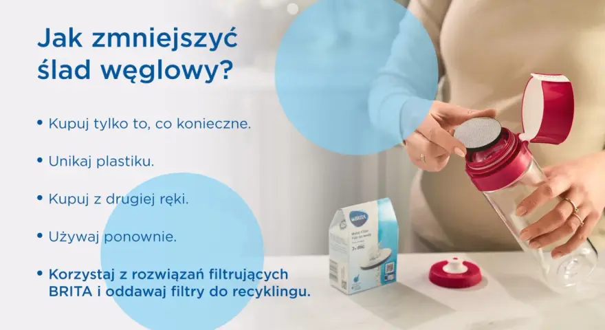 Jak zmniejszyć ślad węglowy? Kupuj tylko to, co konieczne, unikaj plastiku, kupuj z drugiej ręki, używaj ponownie. Korzystaj z rozwiązań filtrujących BRITA i oddawaj filtry do recyklingu.