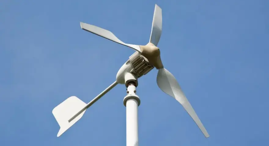 Biała elektrownia wiatrowa z trzema łopatami na tle błękitnego nieba.