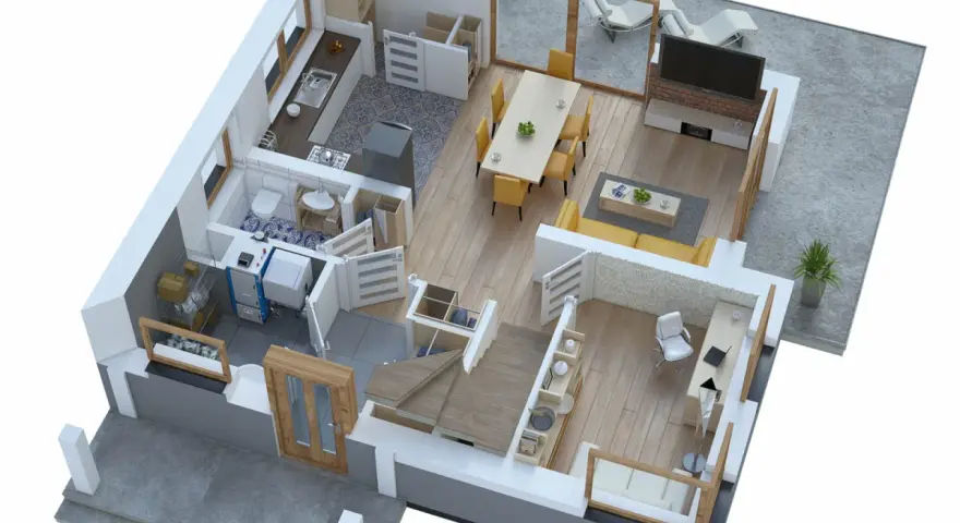 Wizualizacja projektu domu 70m2: kuchnia, łazienka, salon z jadalnią, gabinet i taras.