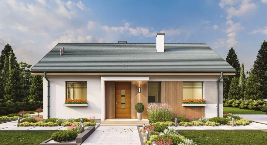 Nowoczesny bungalow z drewnianymi elementami i zadbanym ogrodem.
