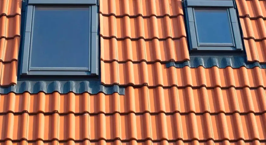 Dwa nowoczesne okienka w dachu, osadzone w ceramicznej dachówce.
